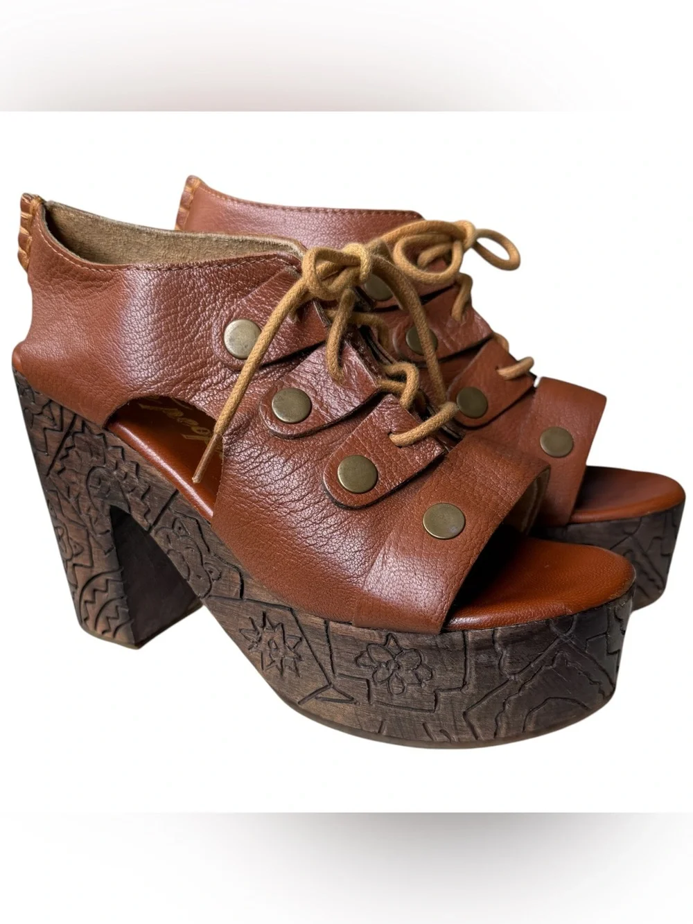 Free People Platform Clog Heels Womens 38 7.5 Brown Leather Wood Farrah Lace Up